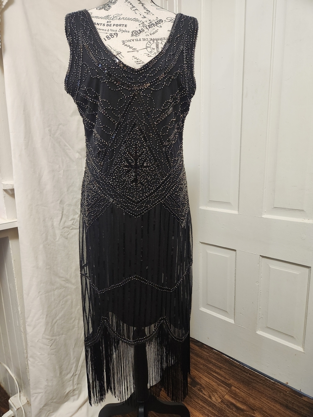 Fundaisy NWT Black Sequin Beaded Embellished Flapper Evening Gown Dress SZ XL